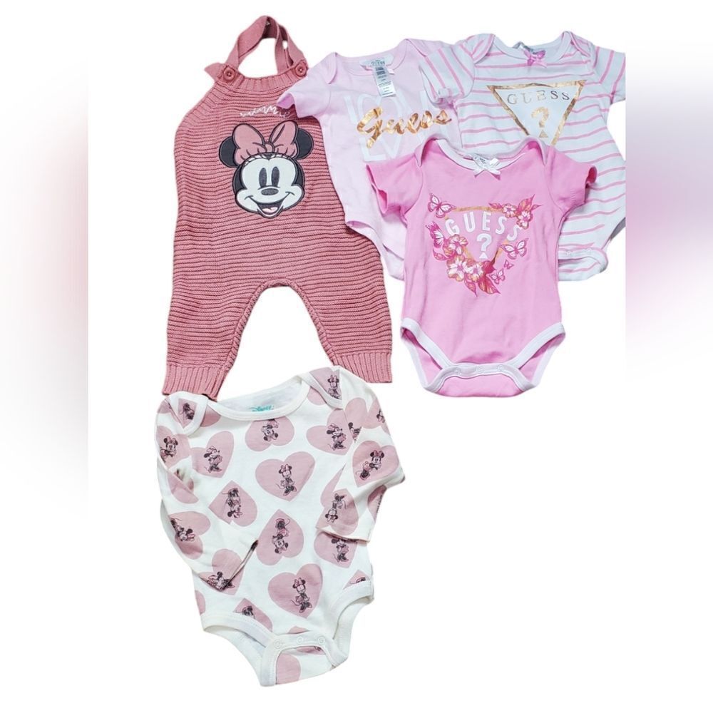 Disney Dusty Pink Knit Overalls & Matching Shirt & 3 Guess Pink Onesie's
